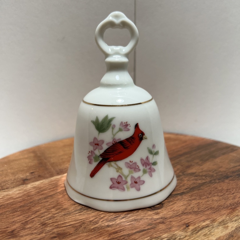 Vintage Porcelain Bell Cardinal Red Bird  With Pink Flowers Design 4.5" 1970's